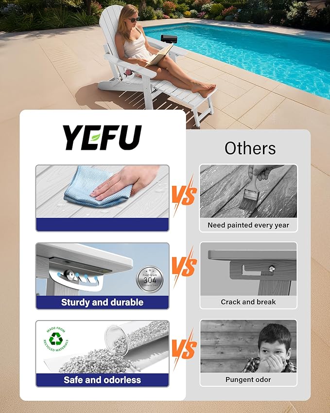 YEFU Adjustable Adirondack Chair with Footrest Set of 4, 5-Level Adjustable Adirondack Chair with Retractable Ottoman& 2 Cup Holder, Folding Adirondacks Chairs Use for Outdoor, Pool, Fire Pit (White)