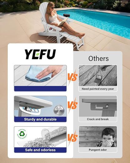 YEFU Folding Adirondack Chair with Footrest,Adjustable Adirondack Chair with Retractable Ottoman & 2 Cup Holder, 5-Level Adjustable Adirondacks Chairs, for Outdoor, Pool, Patio, Fire Pit (White)