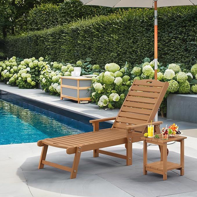 LUE BONA Lounge Chair Outdoor, HDPS Chaise Lounge Outdoor with Wheels, 5 Positions Adjustable Pool Lounger Chairs for Outside, Patio, Teak Color