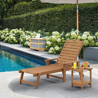 LUE BONA Lounge Chair Outdoor, HDPS Chaise Lounge Outdoor with Wheels, 5 Positions Adjustable Pool Lounger Chairs for Outside, Patio, Teak Color