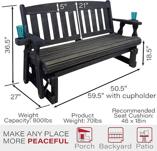 Amish Heavy Duty 800 Lb Mission Pressure Treated Porch Glider with Cupholders (4 Foot, Semi-Solid Black Stain)