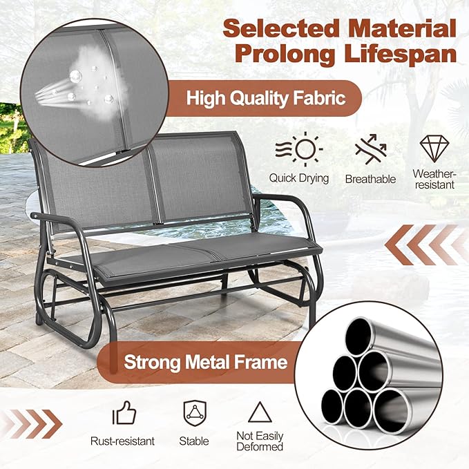 Tangkula 2 Person Patio Glider, Outdoor Swing Bench, Rocker Glider Loveseat Chair with Heavy-Duty Steel Frame, Breathable Seat Fabric, Rocking Lounge Chair for Poolside, Garden, Backyard, Porch (Gray)