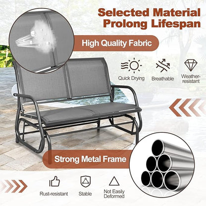 Tangkula 2 Person Patio Glider, Outdoor Swing Bench, Rocker Glider Loveseat Chair with Heavy-Duty Steel Frame, Breathable Seat Fabric, Rocking Lounge Chair for Poolside, Garden, Backyard, Porch (Gray)