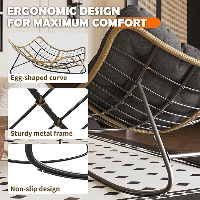 Outdoor Rocking Chair, 2 PCS Indoor Papasan Chairs, Oversized Egg Rocking Chair with Thick Cushion, Rattan Wicker Rocker Lounge Chair for Bedroom, Living Room, Patio, Garden, Porch (Dark Grey)