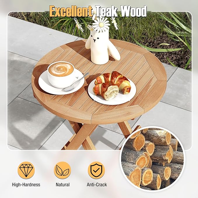 Tangkula Patio Folding Side Table, Teak Wood Round Coffee Table w/X-Shaped Legs & Slatted Tabletop, Portable & Compact Outdoor End Table for Backyard, Deck, Lawn