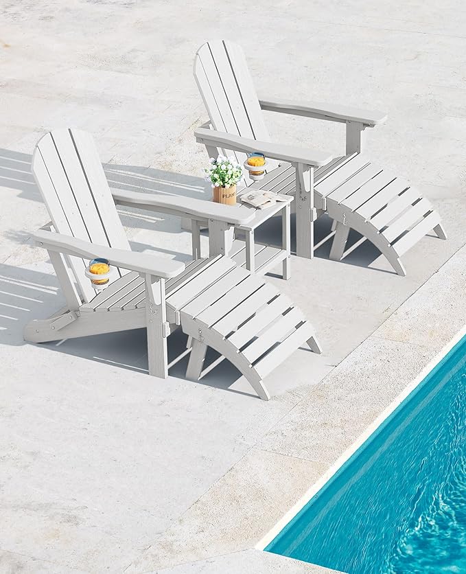 SERWALL 5-Piece Adirondack Chair and Ottoman and Table Set, White - Photo 8