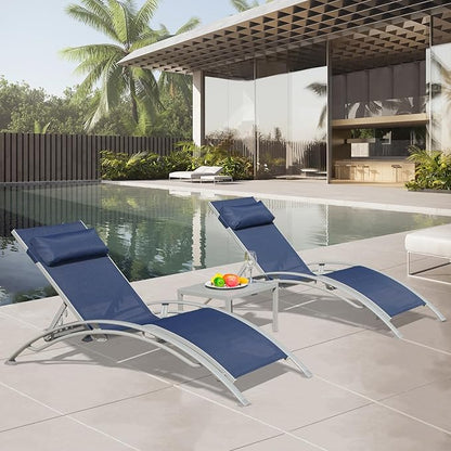 Domi Pool Lounge Chair Set of 3, Outdoor Chaise Lounge with Side Table, Adjustable Garden Aluminum Reclining Chair for Pool Beach Sunbathing Chair (Blue)