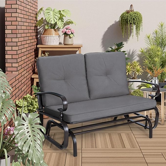 Incbruce Outdoor Textilene Glider Rocking Chair Patio Glider Bench for 2 Person, Porch Loveseat Seating Patio Steel Frame Chair Set with Cushion for Porch, Patio, Garden (Grey)