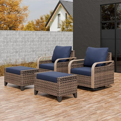 EAGLE PEAK Modern Wicker Outdoor Glider Rocking Chair, Swivel Rocker, Rattan Patio Furniture for Yard Deck Porch Garden, 2 Chairs 2 Ottomans, 4 Piece, Brown/Blue