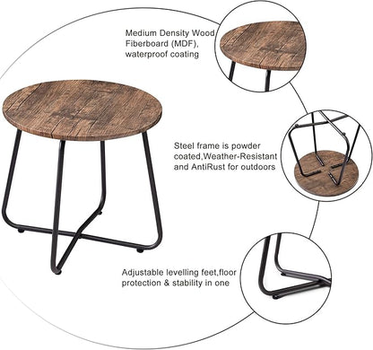 VECELO 17.7 inch Small Round Outdoor Side Table,Patio End Table,Waterproof Wood Table with Weather Resistant Steel Adjustable Feet for Living Room Bedroom Garden Yard Balcony Porch Poolside