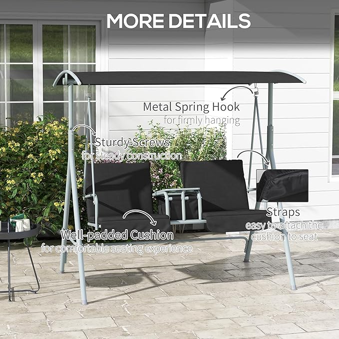 Outsunny 2 Person Porch Swing with Stand, Outdoor Swing with Canopy, Pivot Storage Table, 2 Cup Holders, Cushions for Patio, Backyard, Black