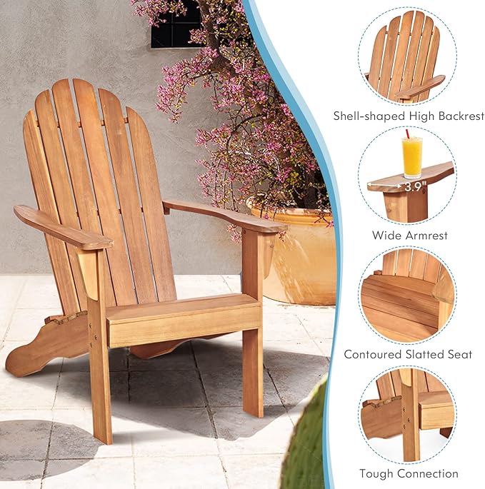 Tangkula Adirondack Chair, Acacia Wood Adirondack Lounger Chair, Outdoor Armchairs with Slatted Seating, Weather Resistant