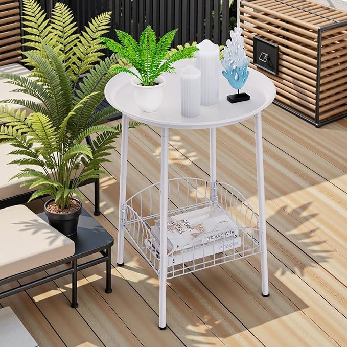 Small Outdoor Side Table, 2-Tier Round Metal Patio Table, Accent Table Waterproof, Weather Resistant End Table for Yard Porch Pool Balcony Garden Bedside (White)