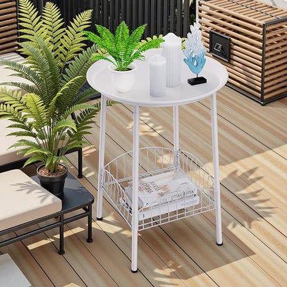 Small Outdoor Side Table, 2-Tier Round Metal Patio Table, Accent Table Waterproof, Weather Resistant End Table for Yard Porch Pool Balcony Garden Bedside (White)