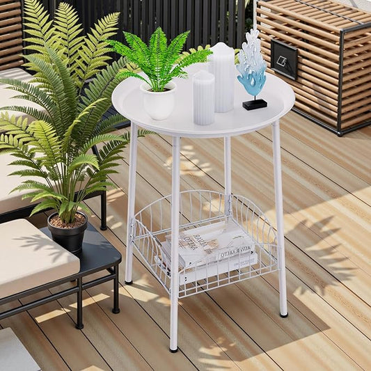 Small Outdoor Side Table, 2-Tier Round Metal Patio Table, Accent Table Waterproof, Weather Resistant End Table for Yard Porch Pool Balcony Garden Bedside (White)