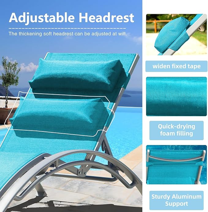 Domi Pool Lounge Chairs Set of 2, Aluminum Adjustable Outdoor Chaise Lounge, All Weather Poolside Chairs for Deck Lawn Poolside, Textilene (Turquoise Blue)