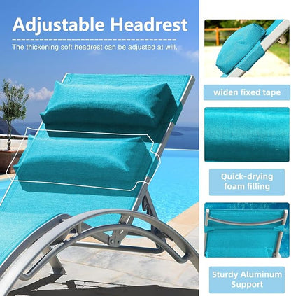 Domi Pool Lounge Chairs Set of 2 with Side Table, Aluminum Adjustable Outdoor Chaise Lounge, All Weather Poolside Chairs for Deck Lawn Poolside, Textilene (Turquoise Blue)