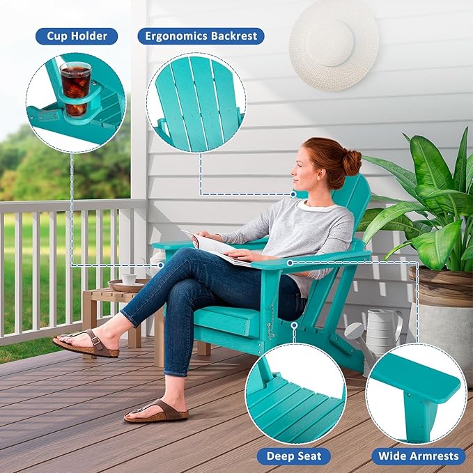 Adirondack Chair with Table, Cushion & Cup Holder, HDPE Folding Adirondack Chair with Wood-Like Grain Outdoor Fire Pit Chairs for Patio/Porch/Swimming Pool/Camping(Aruba)
