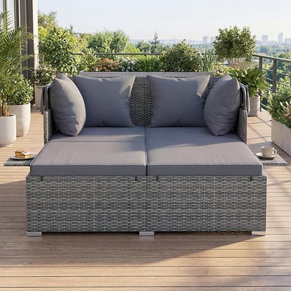 RELAX4LIFE Patio Outdoor Daybed with Canopy, Wicker Rattan Sunbed w/Cushions, 4 Pillows & 2 Retractable Side Trays, 2-Person Lounge Bed Conversation for Poolside Porch Garden (Gray-Grey)