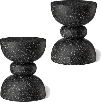 Glitzhome Decorative Patio Side Table Set of 2, 17.5" H Heavy Duty Patio Sturdy Black Faux Terrazzo Garden Stool Side Table Planter Stand for Indoor Covered Outdoor
