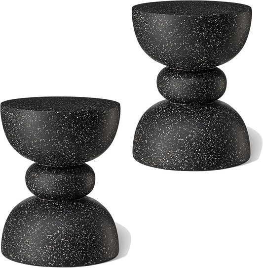 Glitzhome Decorative Patio Side Table Set of 2, 17.5" H Heavy Duty Patio Sturdy Black Faux Terrazzo Garden Stool Side Table Planter Stand for Indoor Covered Outdoor