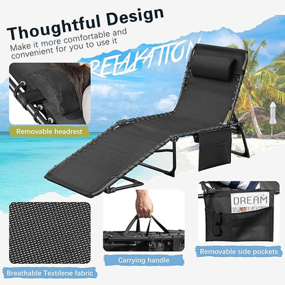 Greesum Chaise Lounge Folding Tanning Chair with 5 Position Adjustable Back, Detachable Pillow & Pocket Outside Pool, Beach, Sunbathing, Black
