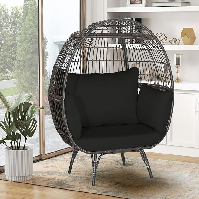 Giantex Oversized Wicker Egg Chair, Outdoor & Indoor Hammock Chair with Thick Cushions, 2-Person PE Rattan Lounge Chair Swing Chair for Patio, Backyard,Porch, 450 LBS Weight Capacity (Black)