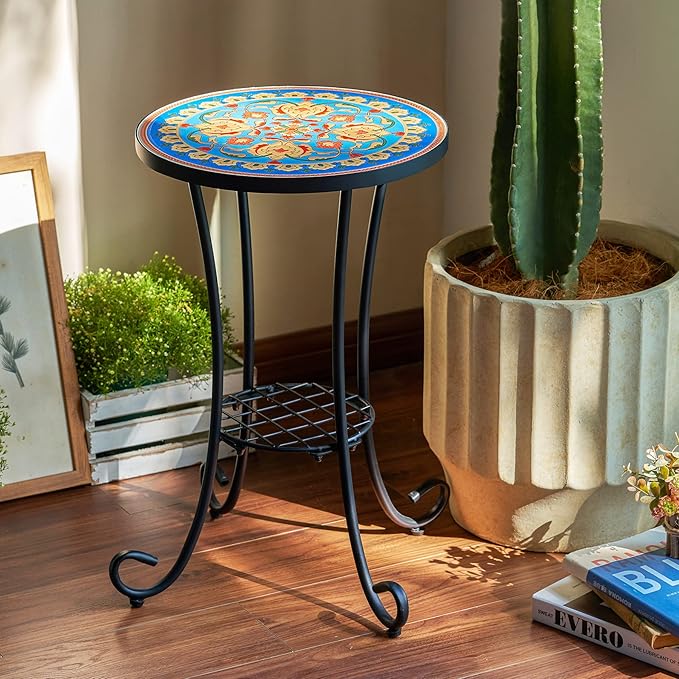 VONLUCE Patio Side Table and Plant Stand, 21" End Table with 14" Ceramic Tile Top for Porch Garden Decor - Photo 5