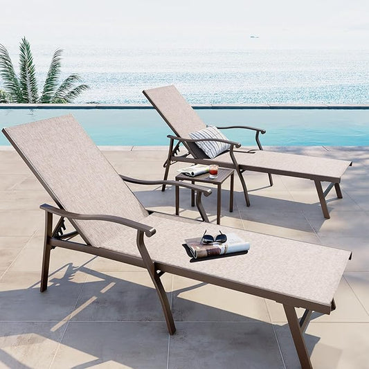 Crestlive Products Aluminum Chaise Lounge Set of 3,Patio Lounge Chairs Five-Position and Full Flat Outdoor Recliner All Weather for Patio, Beach, Yard, Pool (3PCS Beige)