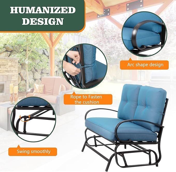 Shintenchi Metal Outdoor Patio Swing Glider Bench, Loveseat Rocking Chair, Wrought Iron Patio Furniture Steel Frame Glider Chair with Cushion for Porch, Balcony, Garden(Ocean Blue)