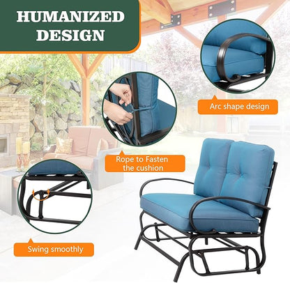 Shintenchi Metal Outdoor Patio Swing Glider Bench, Loveseat Rocking Chair, Wrought Iron Patio Furniture Steel Frame Glider Chair with Cushion for Porch, Balcony, Garden(Ocean Blue)
