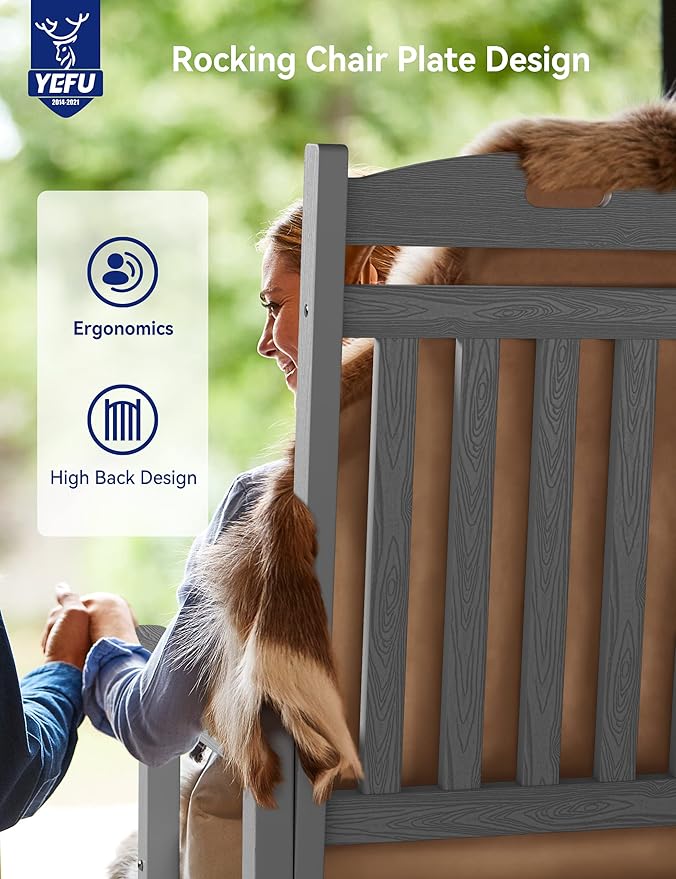 YEFU Outdoor Rocking Chair, Patio Rocking Chair with High Back, Poly Rocking Chair Look Like Real Wood, Widely Used for Lawn, Porch, Backyard, Indoor and Garden,380lb Heavy Duty(Grey)