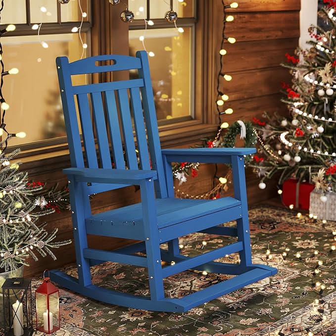 Classic Outdoor Rocking Chair Set of 1, HDPE Patio Rocking Chairs with Slat Back & Wide Armrests - Photo 1