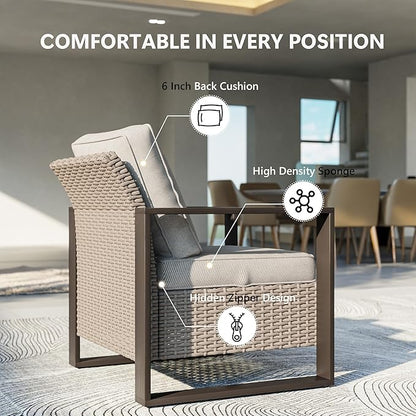 Outdoor Patio Furniture Set, 6 Piece Wicker Patio Conversation with Deep Seating, Thicken Cushions, Outdoor Club Chair, Metal Outdoor Furniture for Deck, Porch, Yard Use (Beige, 6 PCS/Chairs)