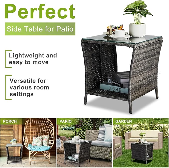 Outvita Outdoor Side Table, Rattan Coffee Table Small End Table with Glass Top Storage for Patio Porch Backyard Balcony - Photo 6