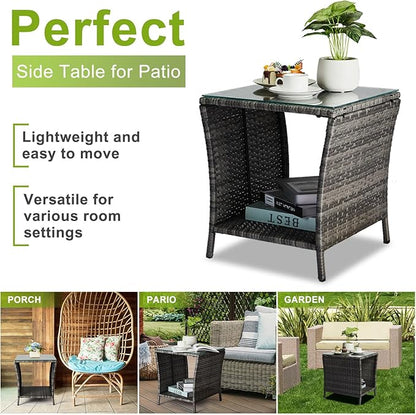 Outvita Outdoor Side Table, Rattan Coffee Table Small End Table with Glass Top Storage for Patio Porch Backyard Balcony