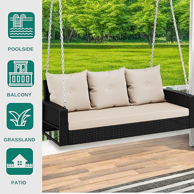 YITAHOME 3-Seats Outdoor Hanging Porch Swing Chair Rattan Black Wicker Patio Swing Chair with Swing Lounge 3 Light - Photo 5