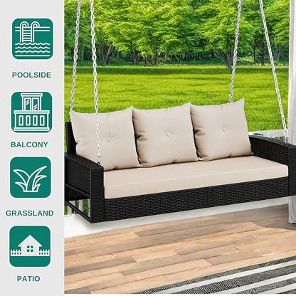 YITAHOME 3-Seats Outdoor Hanging Porch Swing Chair Rattan Black Wicker Patio Swing Chair with Swing Lounge 3 Light Brown Back Cushions Capacity for Garden, Balcony, Courtyard, Gazebo, Porch