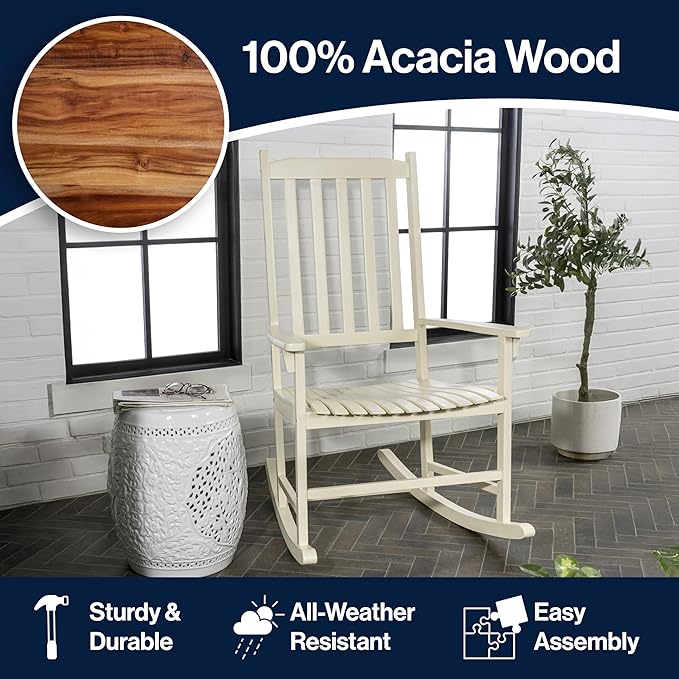 JONATHAN Y RCK300D Seagrove Farmhouse Classic Slat-Back 350-LBS Support Acacia Wood Outdoor Rocking Chair Traditional, Coastal, Cottage, Vintage, Shabby Chic, Almond