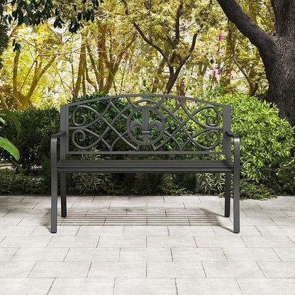 Giantex 50.5” Outdoor Bench with Metal Frame, Floral Design Cast Iron Backrest, Slatted Seat, Adjustable Foot Pads, Load 660Lbs, Garden Bench for Outside Patio Backyard Porch Park, Black