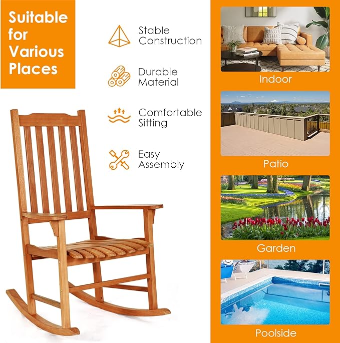 Tangkula Set of 2 Patio Rocking Chair, Indoor Outdoor Wooden Rocker Lounge Chair for Porch Garden Backyard Balcony, Rustic High Back Armchair w/Heavy-Duty 350 LBS Weight Capacity