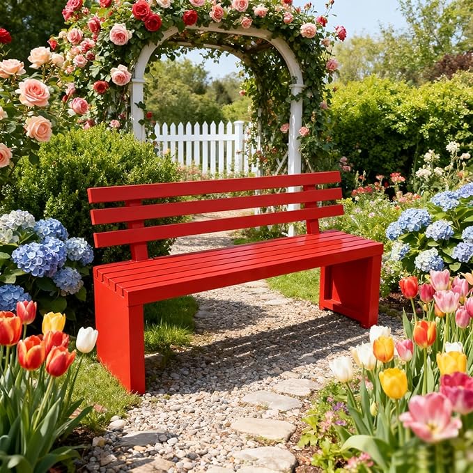 Outdoor Benches Outdoor Metal Garden Bench Patio Bench for Outside Park Picnic Yard Front Porch Backyard Weatherproof with Backrest(Red,180cm/70in)