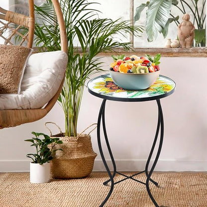 VCUTEKA Patio Side Table Outdoor Accent Table Bistro Coffee Table Plant End Table Small Porch Table Indoor Round Glass Balcony Plant Table Stands Sunflower 14''