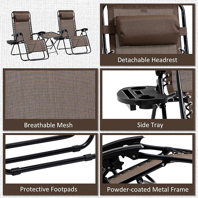 Outsunny Zero Gravity Chair Set with Side Table, Folding Reclining Chair with Cupholders & Pillows, Adjustable Lounge Chairs for Pool, Backyard, Lawn, Beach, Brown