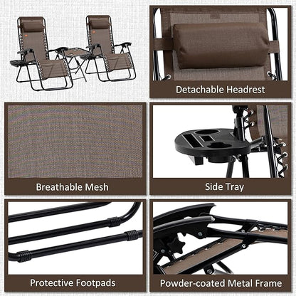 Outsunny Zero Gravity Chair Set with Side Table, Folding Reclining Chair with Cupholders & Pillows, Adjustable Lounge Chairs for Pool, Backyard, Lawn, Beach, Brown