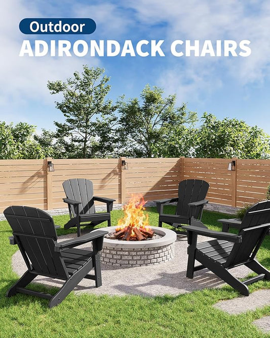 Modern HDPE Plastic Adirondack Chair - Oversize 380 LB Poly Lumber Weather Resistant Firepit Chair - Outdoor Patio Chairs with Wooden Textured for Garden, Backyard, Lawn, Deck, Pool, Porch - Black