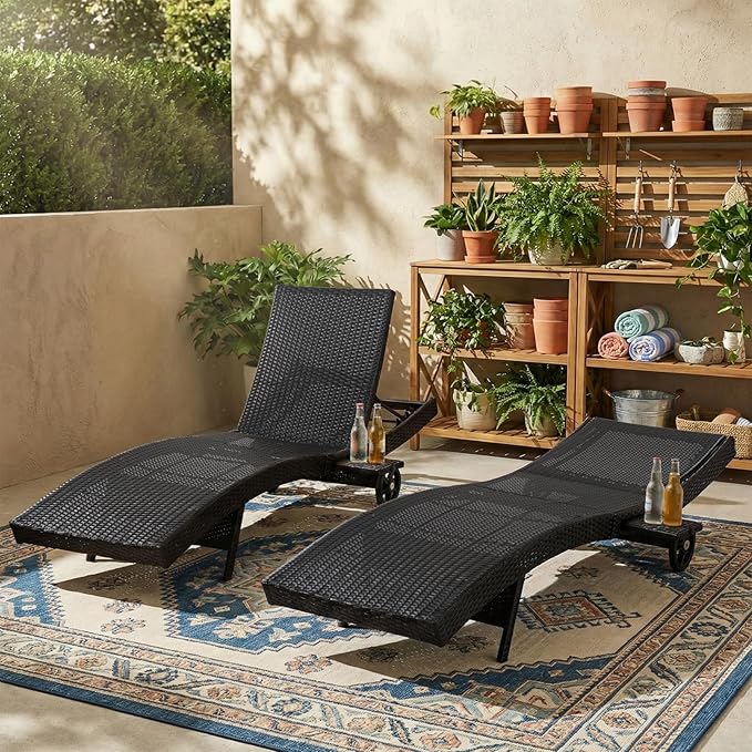 Wicker Outdoor Lounge Chairs with Rolling Wheels, Pool Lounge Chairs Set of 2 - Photo 9