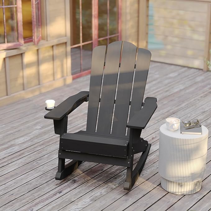 Flash Furniture Newport Adirondack Rocking Chair with Cup Holder, Weather Resistant Poly Resin Adirondack Rocking Chair, Gray, Set of 1
