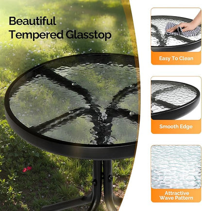 VINGLI Outdoor Side Table, 18" Patio Table Steel Frame Tempered Glass Top, Weatherproof Small Tables for Balcony Garden Poolside (Black, Round)