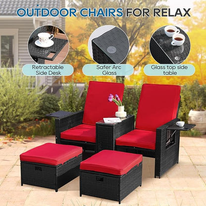 5PCS Outdoor Wicker Chaise Lounge Chair - Rattan Adjustable Reclining Patio Lounge Chair with Ottoman and Coffee Table, for Patio Beach Pool Backyard (Black Wicker Red Cushion)